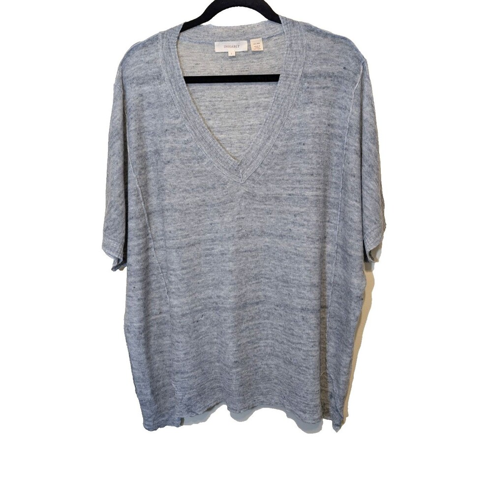 Inhabit Top Gray 100% Linen V-Neck Boxy Beachy Minimalist Oversized Large